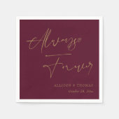 バレンタインデーのゴールド手書き文字のバーガンディウェディング スタンダードカクテルナプキン (正面)