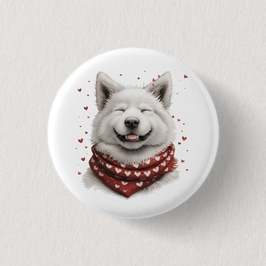 バレンタインデーのサモエド犬 缶バッジ (正面)