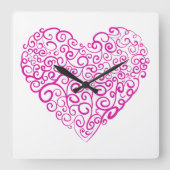バレンタインデーのスパイラル手書きピンクハート スクエア壁時計 (正面)