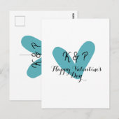 バレンタインデーのターコイズハートネームレター ポストカード (正面/裏面)