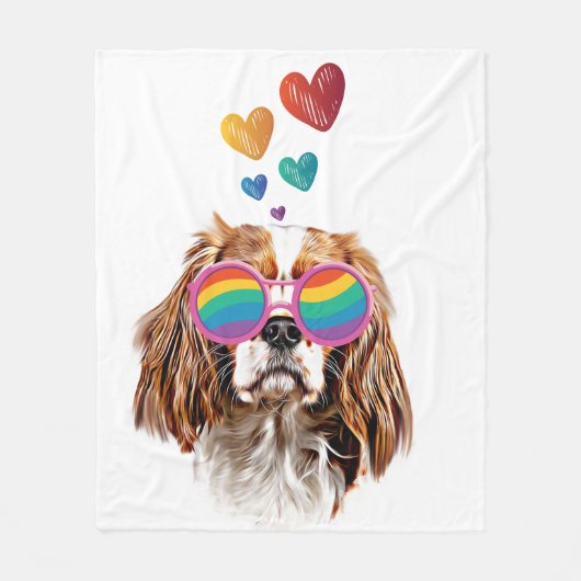 バレンタインデーのハートとカバリエのキングドッグ フリースブランケット (正面)