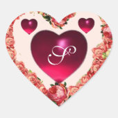 バレンタインデーのハートとピンクのバラのモノグラム ハートシール (正面)