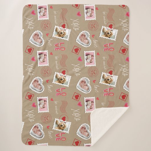 バレンタインデーのハートと写真切手 シェルパブランケット (正面)