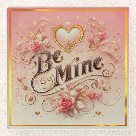 バレンタインデーのハートと名言のデザイン Be Mine ガラスコースター (正面)