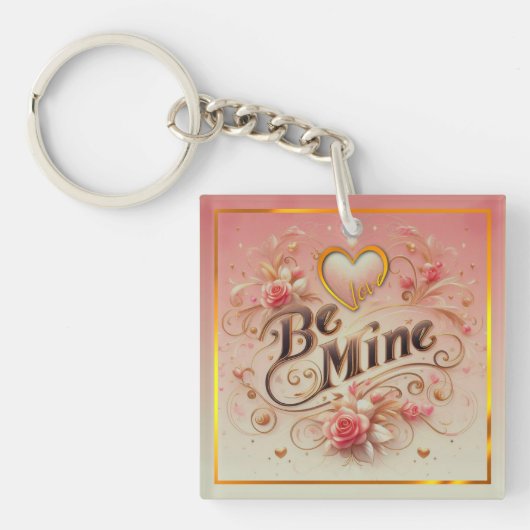 バレンタインデーのハートと名言のデザイン Be Mine キーホルダー (正面)