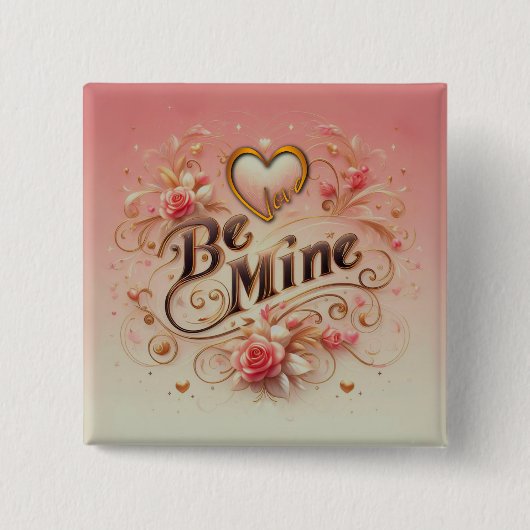 バレンタインデーのハートと名言のデザイン Be Mine 缶バッジ (正面)