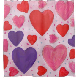 バレンタインデーのハート（ピンク、紫、赤） シャワーカーテン