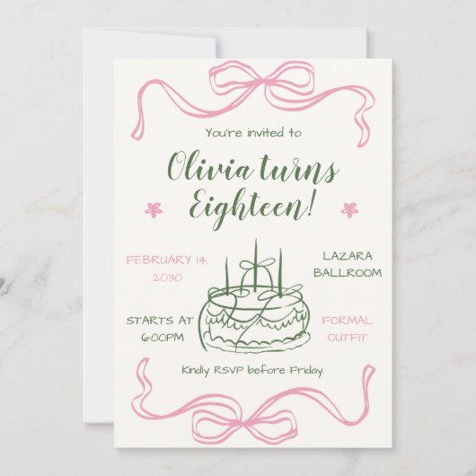 バレンタインデーのピンクのリボン 18歳の誕生日パーティー 招待状 (正面)