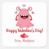 バレンタインデーのピンクの漫画の怪物とハート スクエアシール (正面)