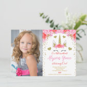 バレンタインデーのピンクの赤い金のユニコーンの女の子の写真 招待状 (スタンド正面)