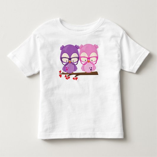 バレンタインデーのフクロウ，ピンクフクロウ，パープルフクロウ，ハート トドラーTシャツ (正面)