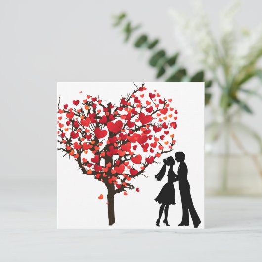 バレンタインデーの下のカップルのシルエットハートツリー シーズンカード (スタンド正面)