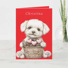 バレンタインデーの仔犬 ピンクチョコレートハートバスケット カード