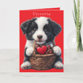 バレンタインデーの仔犬 赤いチョコレートのハート カード (正面)