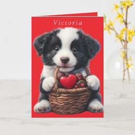 バレンタインデーの仔犬 赤いチョコレートのハート カード