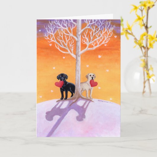 バレンタインデーの冬のラブラドール犬の絵 カード (黄色い花)