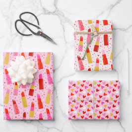 バレンタインデーの口紅とハート ラッピングペーパーシート