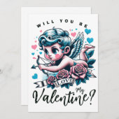 バレンタインデーの可愛いピンクの水色のキューピッド シーズンカード (正面/裏面)