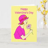 バレンタインデーの女性ピンクハット カード (黄色い花)