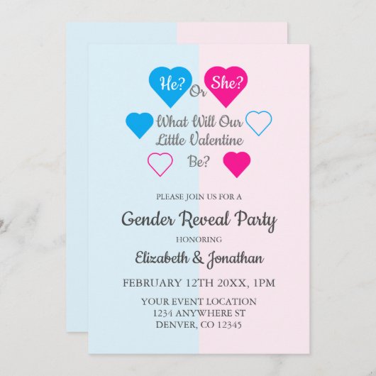 バレンタインデーの性別を表示 招待状 (正面/裏面)