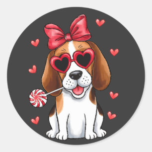 バレンタインデーの棒つきキャンデーとスイートビーグル ラウンドシール