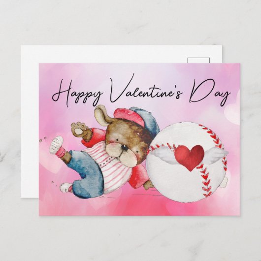 バレンタインデーの水彩の野球選手 ポストカード (正面/裏面)