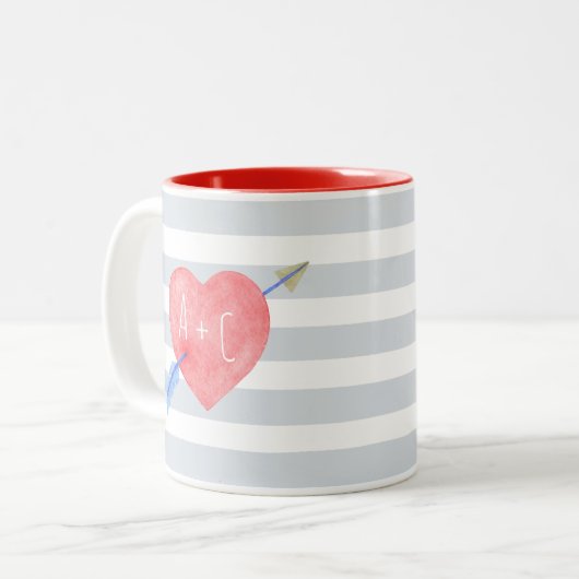 バレンタインデーの水彩画のハートの矢のストライプなマグ ツートーンマグカップ (正面左)