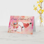 バレンタインデーの水彩画の野球選手 カード (黄色い花)