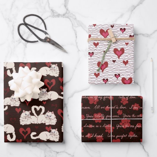 バレンタインデーの猫の尾と愛 ラッピングペーパーシート (正面)