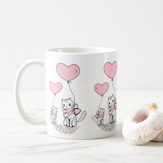 バレンタインデーの猫 ピンクのハート マグカップ (ドーナツ)
