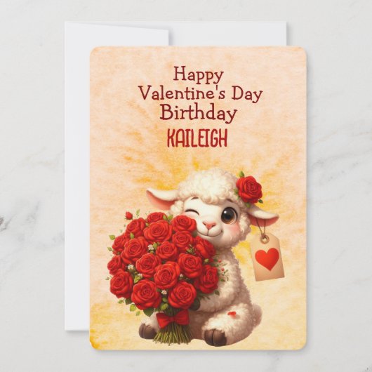 バレンタインデーの白ひつじと赤いバラの誕生日カード シーズンカード (正面)