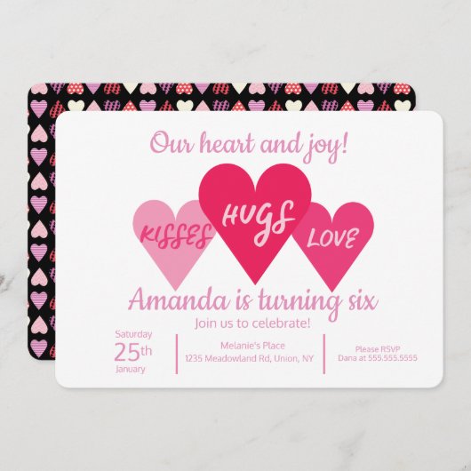 バレンタインデーの誕生日パーティー 招待状 (正面/裏面)