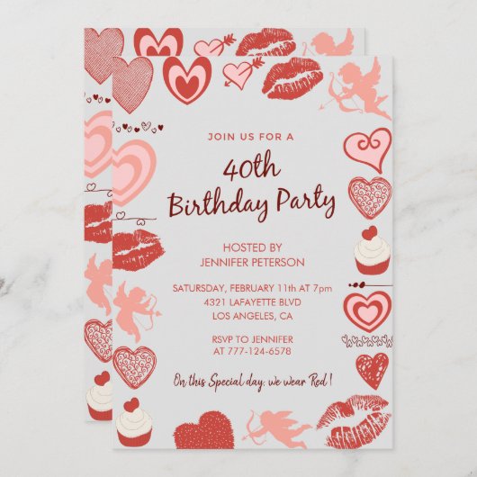 バレンタインデーの誕生日40thグレーキュートエンジェル 招待状 (正面/裏面)