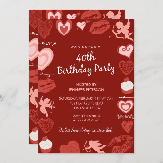 バレンタインデーの誕生日40th赤かわいい天使 招待状 (正面/裏面)