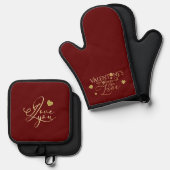 バレンタインデーの赤いギフト 鍋つかみ&鍋敷きセット (正面/裏面)