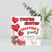 バレンタインデーの赤いハートと水玉模様のチャンピエンボトル 招待状 (スタンド正面)