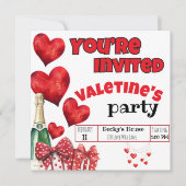 バレンタインデーの赤いハートと水玉模様のチャンピエンボトル 招待状 (正面)
