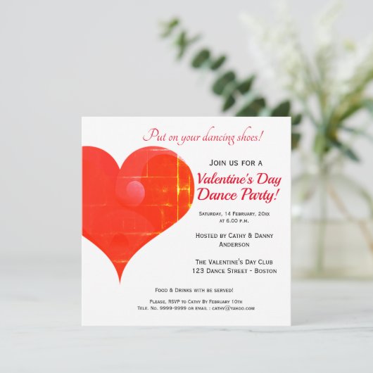 バレンタインデーの赤いハートのダンスパーティー招待状 招待状 (スタンド正面)