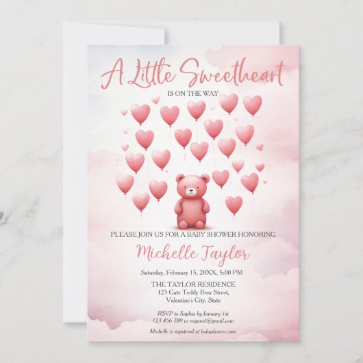 バレンタインデーの赤ちゃんシャワーかわいいクマの恋人 招待状 (正面)