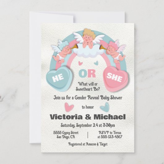 バレンタインデーの赤ちゃんシャワーを性別で明かす 招待状 (正面)