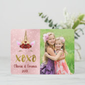 バレンタインデーの赤面のピンクのユニコーンの写真カード シーズンカード (スタンド正面)