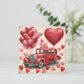 バレンタインデーの風船が付いたヴィンテージの赤い車 シーズンカード (スタンド正面)