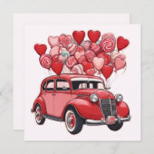 バレンタインデーの風船が付いたヴィンテージカー シーズンカード (正面/裏面)