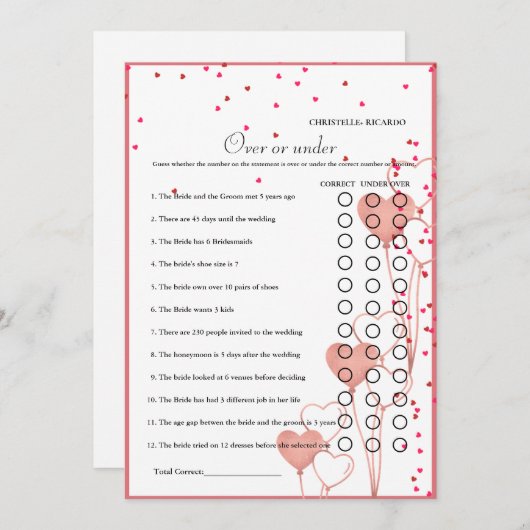 バレンタインデーまたは下ブライダルシャワーゲームカード 案内状 (正面/裏面)