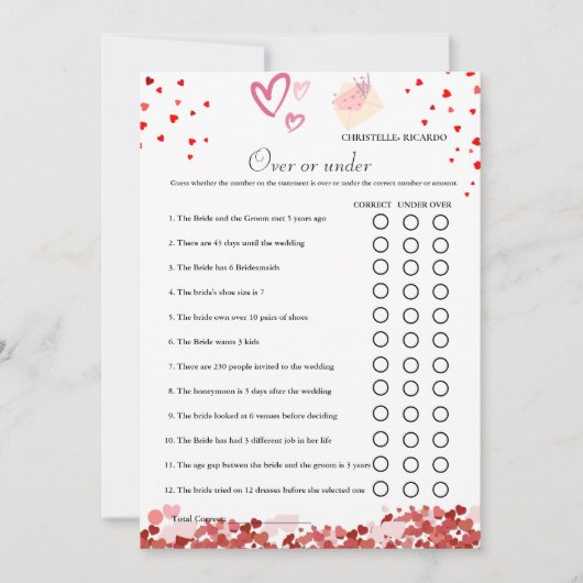 バレンタインデーまたは下ブライダルシャワーゲームカード 案内状 (正面)