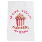 バレンタインデーをポップするピンクポップコーンハート ミディアムペーパーバッグ (正面)