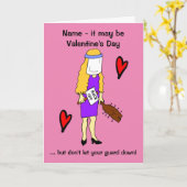 バレンタインデーを安全に守る漫画の女性 カード (黄色い花)