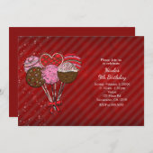 バレンタインデーケーキポップ誕生日パーティー 招待状 (正面/裏面)