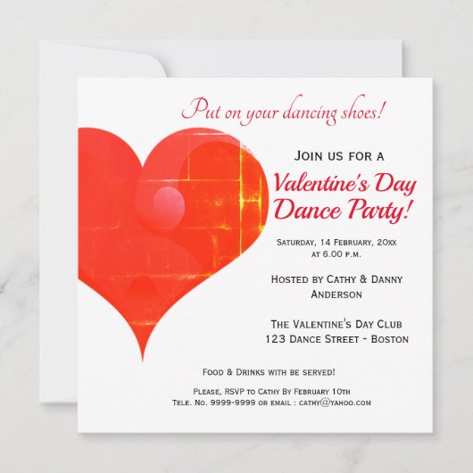 バレンタインデーダンスパーティーのご招待(赤いハート) 招待状 (正面)