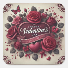 バレンタインデーデザインとバラとハート スクエアシール